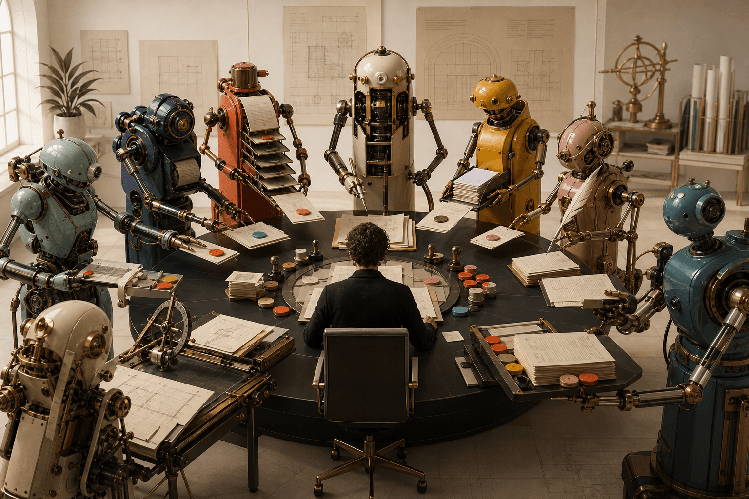 Specialist workers bring evidence across an operating floor to a human reviewer