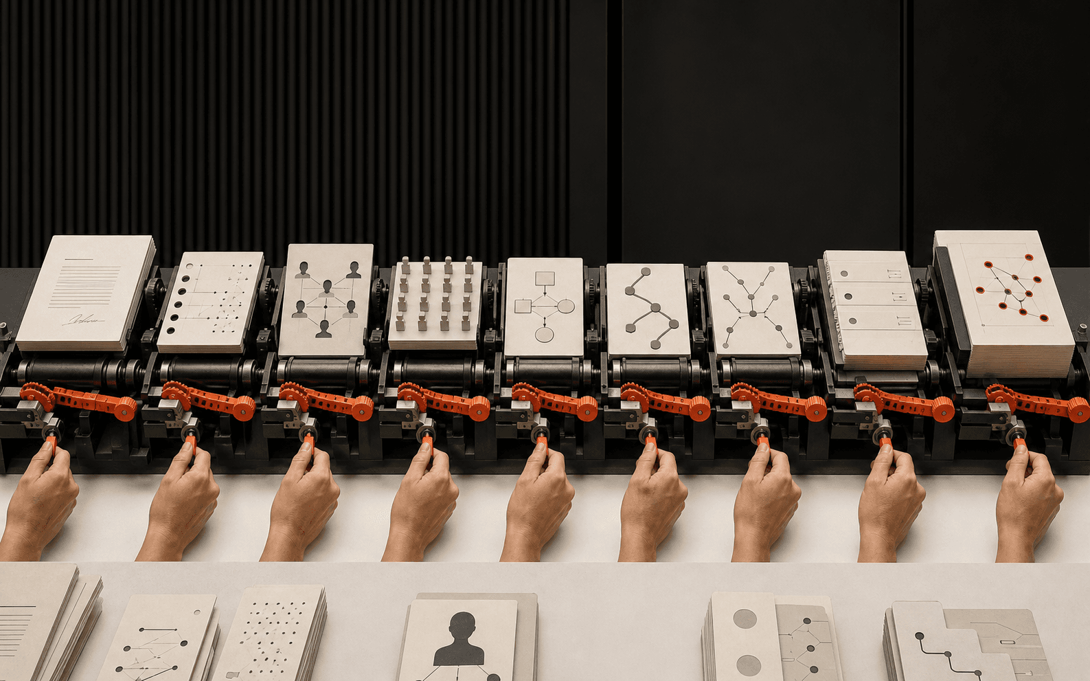 A signed document moves through nine mechanical stations, one click at a time