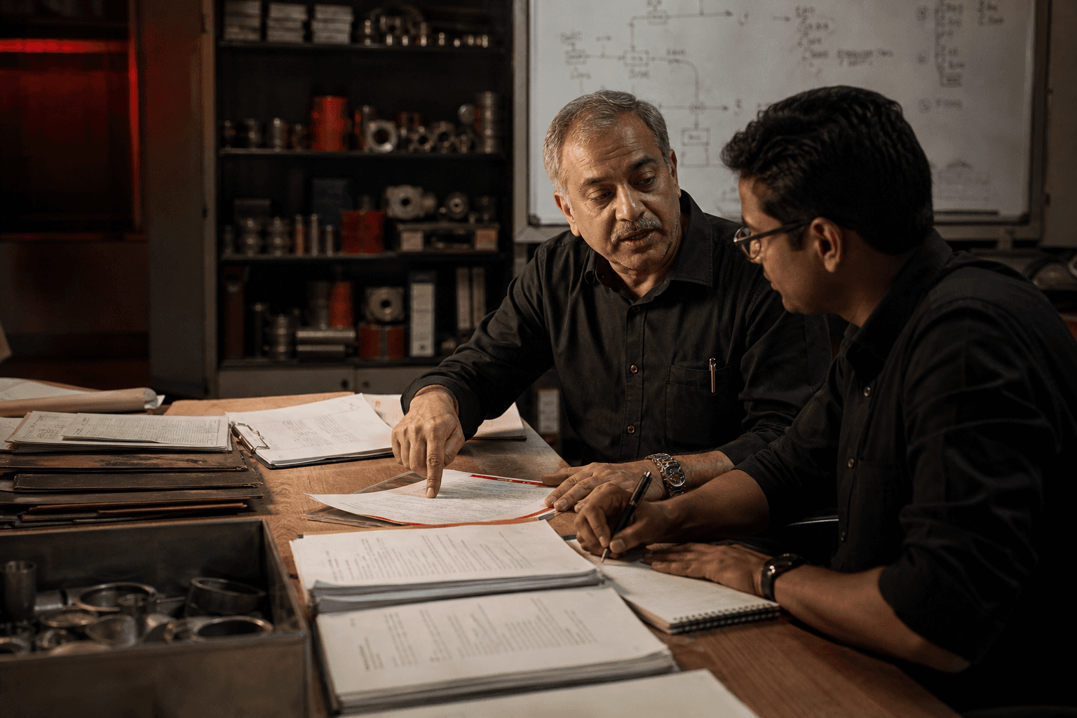Two people examining company records and a question together