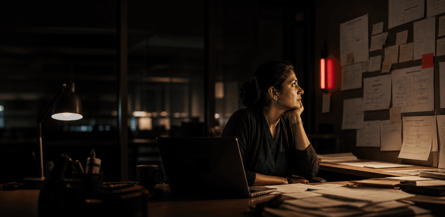 A delivery lead reviewing project documents at her desk